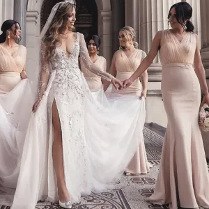 champagne bridesmaid dresses long v neck sleeveless elegant cheap wedding guest dresses vestido de Longo