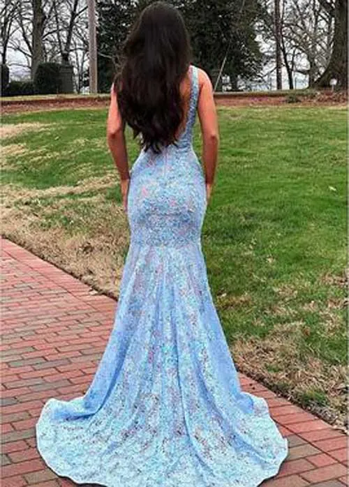 Charming Mermaid V-neck Open Back Light Blue Lace Prom Dresses,Elegant Evening Party Dresses,MP549