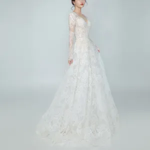 Chic Sheer Long Sleeve Floral Lace Wedding Dress with Open Back