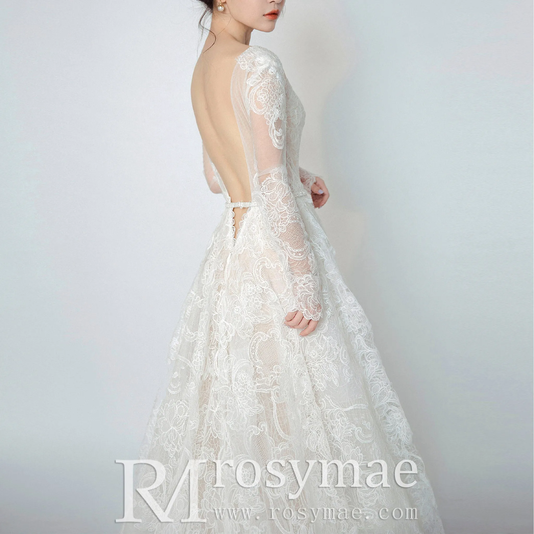 Chic Sheer Long Sleeve Floral Lace Wedding Dress with Open Back