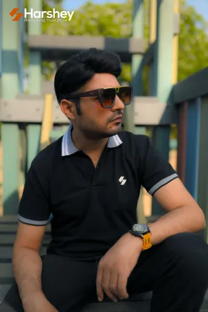 Classic Black Polo with White Logo and Grey/ White Collar