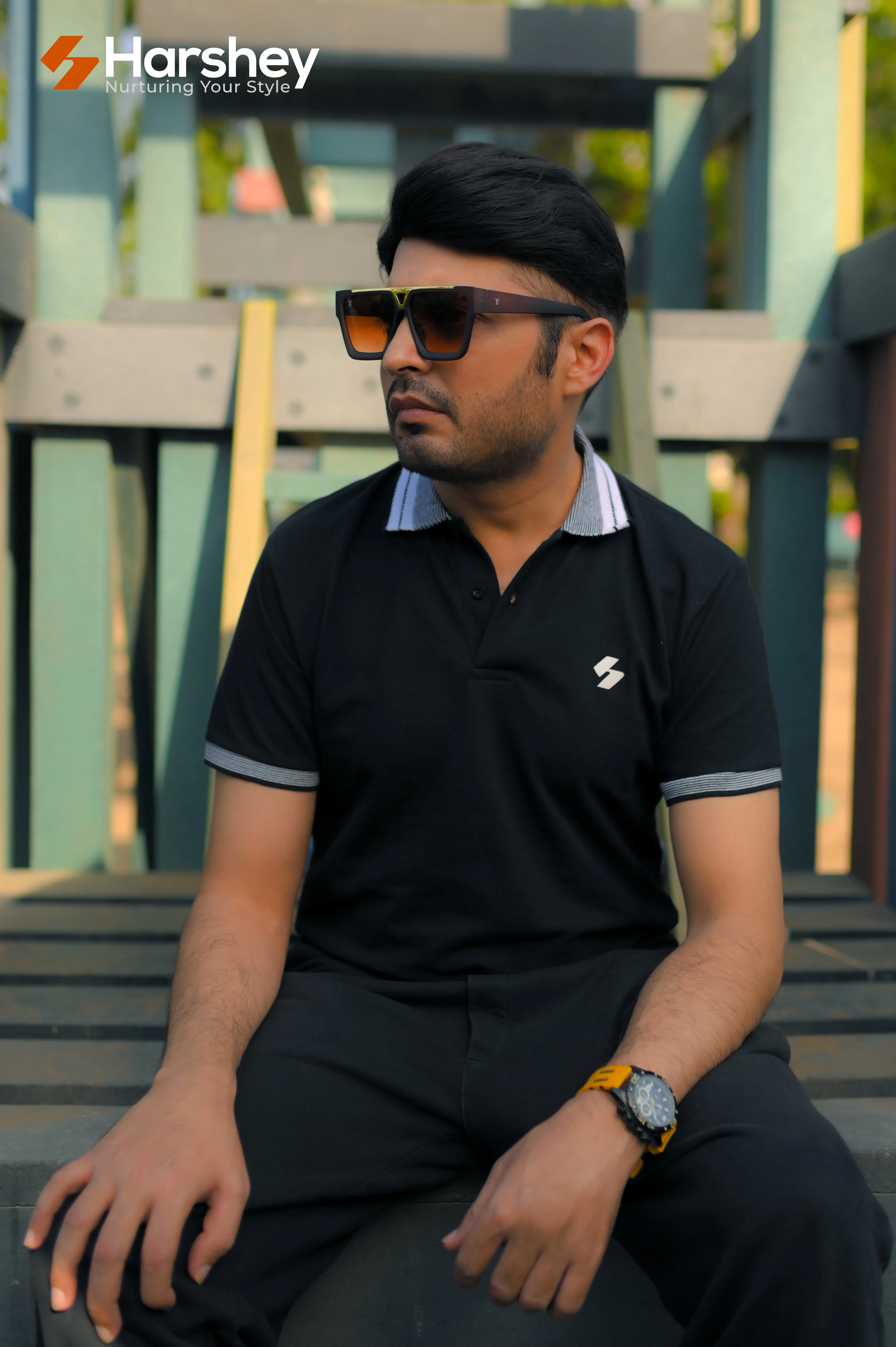 Classic Black Polo with White Logo and Grey/ White Collar