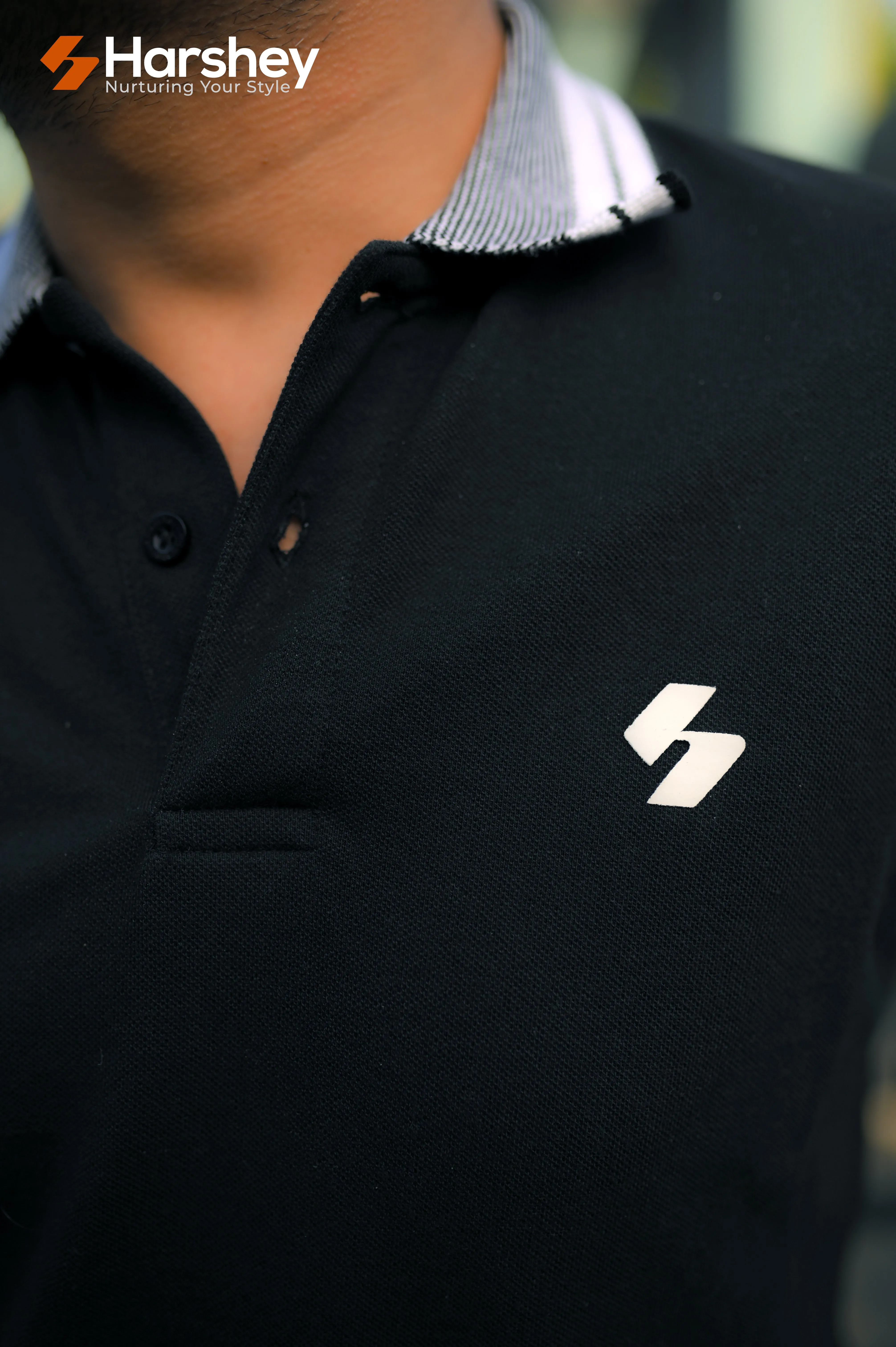 Classic Black Polo with White Logo and Grey/ White Collar