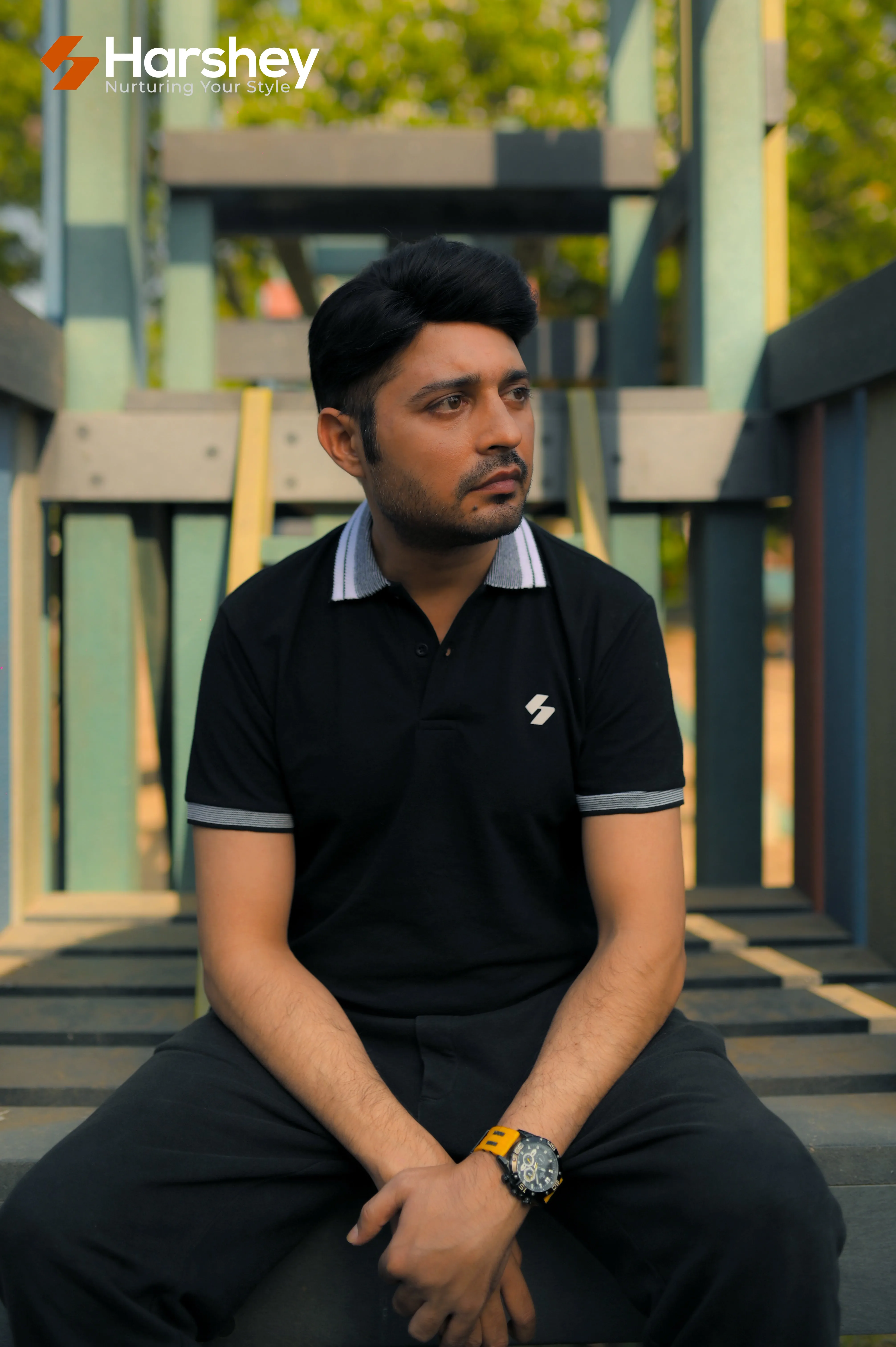 Classic Black Polo with White Logo and Grey/ White Collar