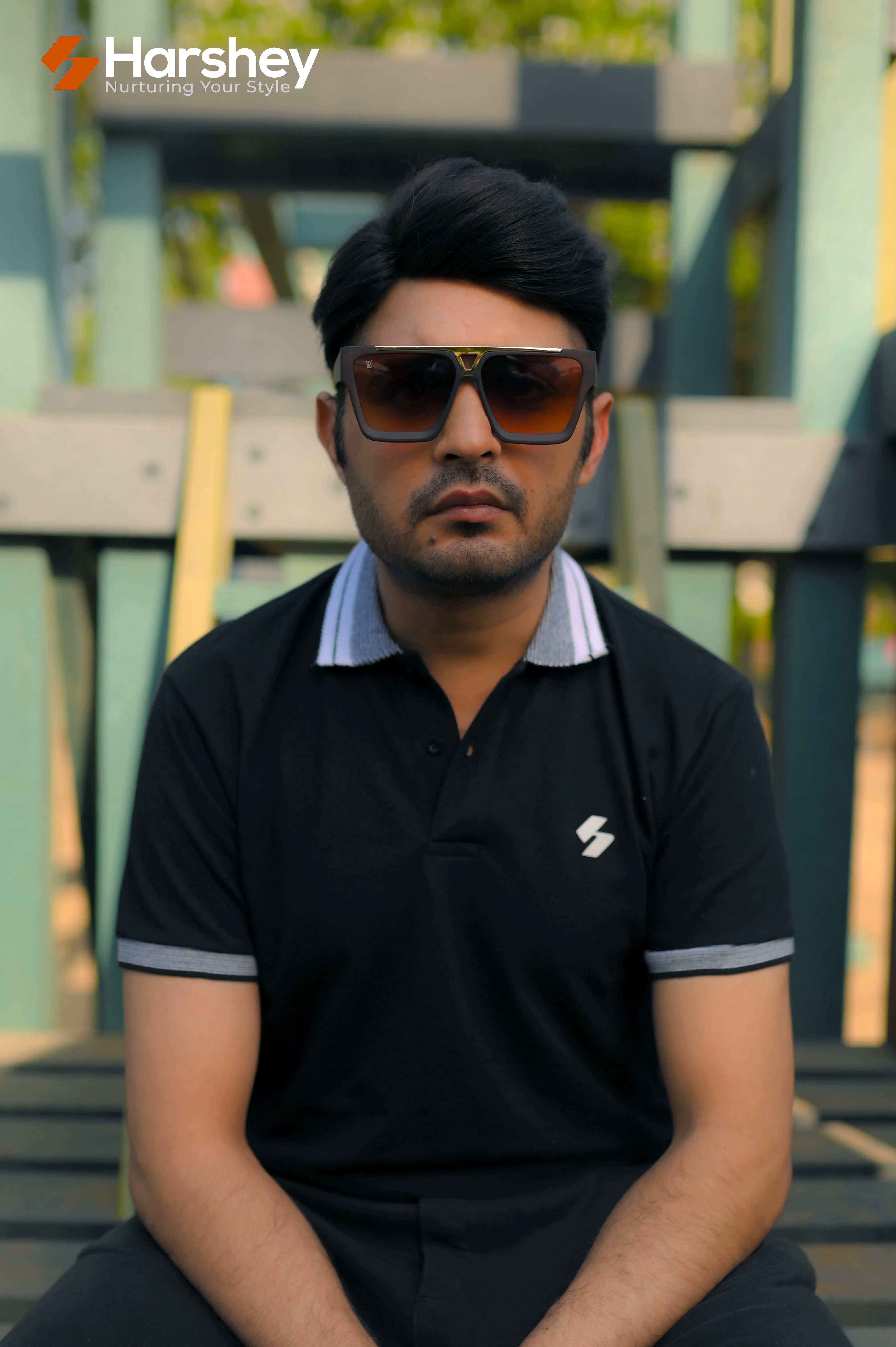 Classic Black Polo with White Logo and Grey/ White Collar