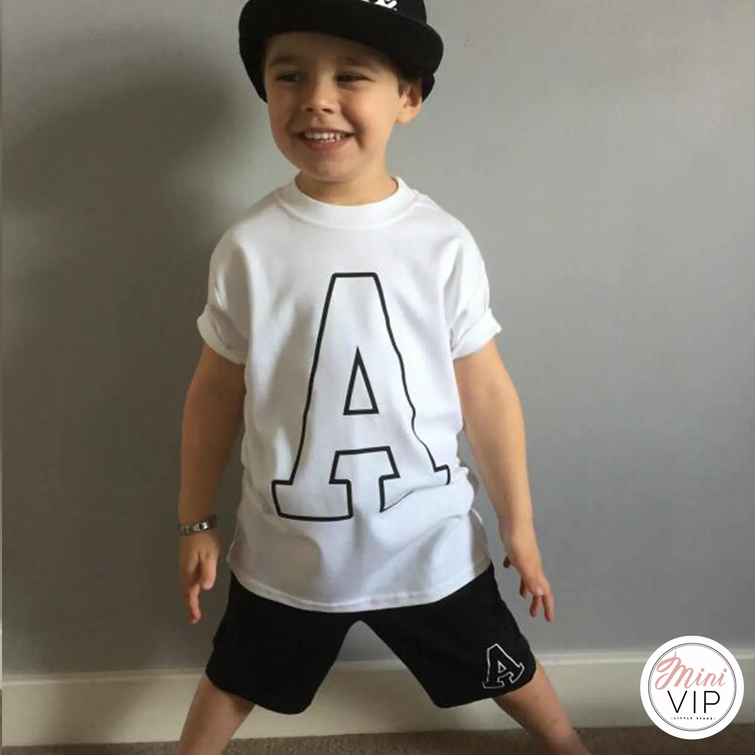 Collegiate Initial - Black Shorts & White T-Shirt Set