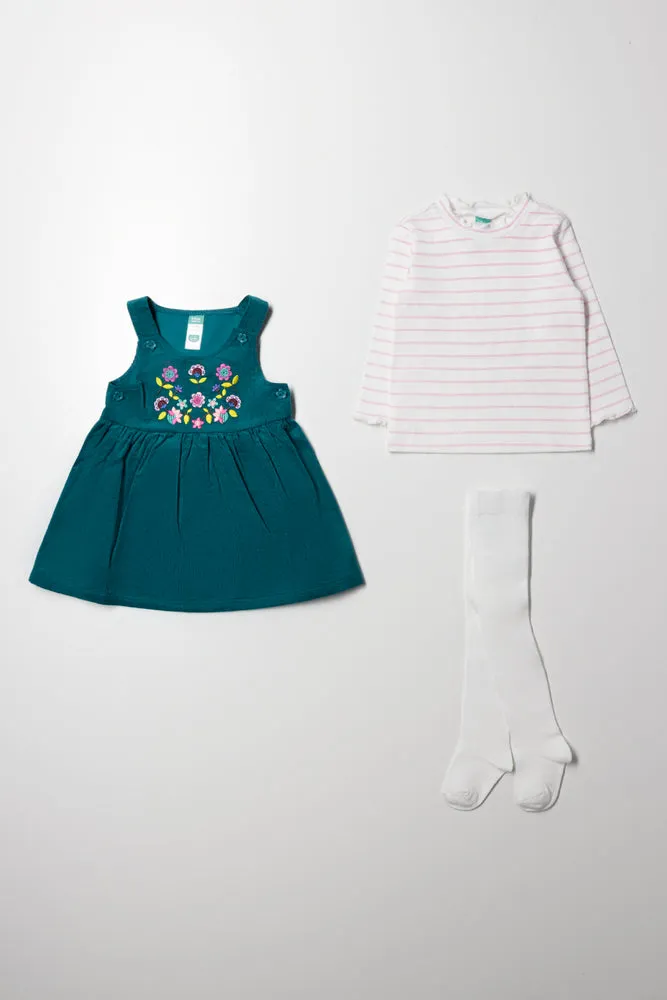 Corduroy Pinafore Set With Tights Green