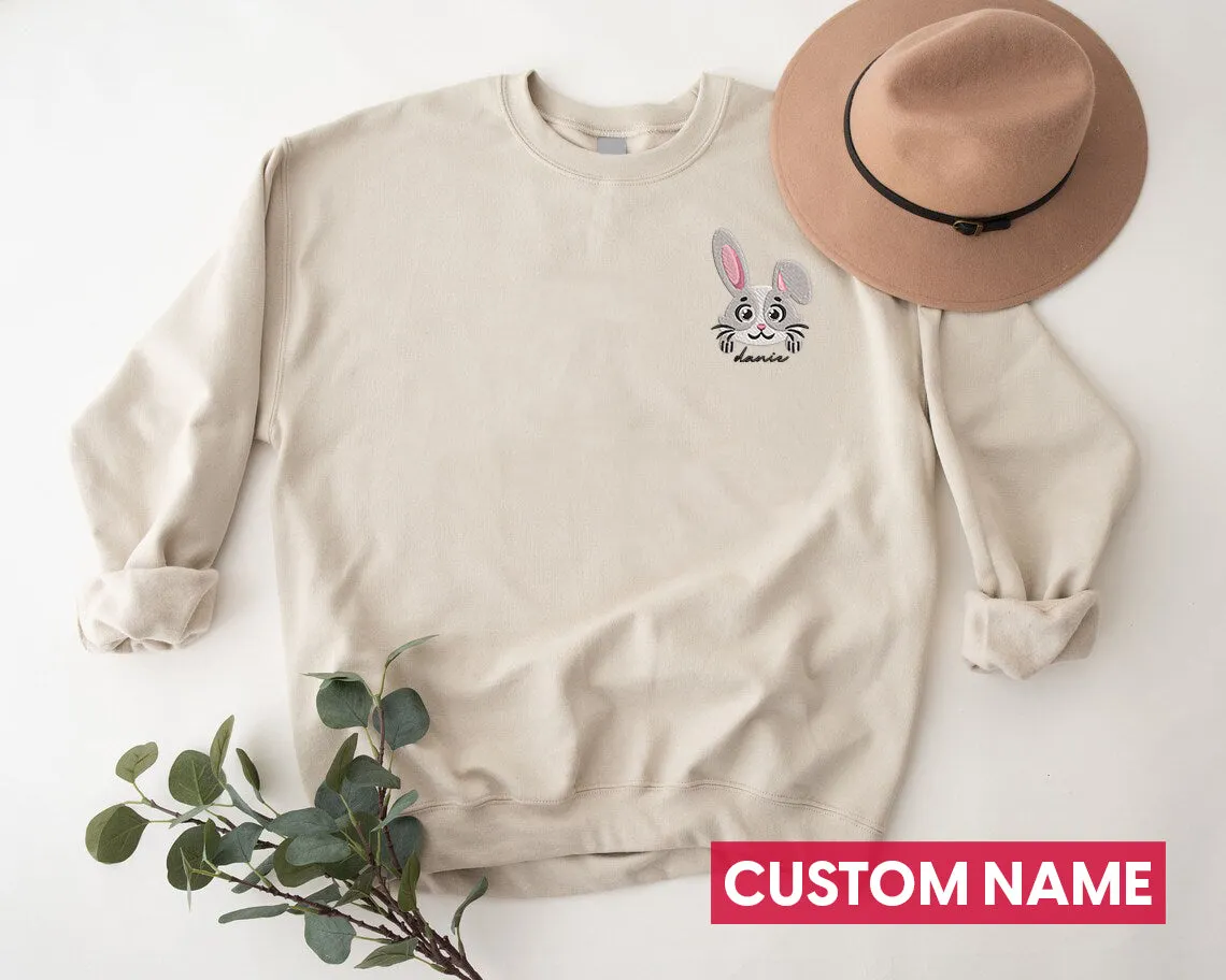 Custom Name Easter Bunny Embroidered Sweatshirt, Faux Embroidered Daisy’s Crewneck, Flowers Spring Easter Sweatshirt