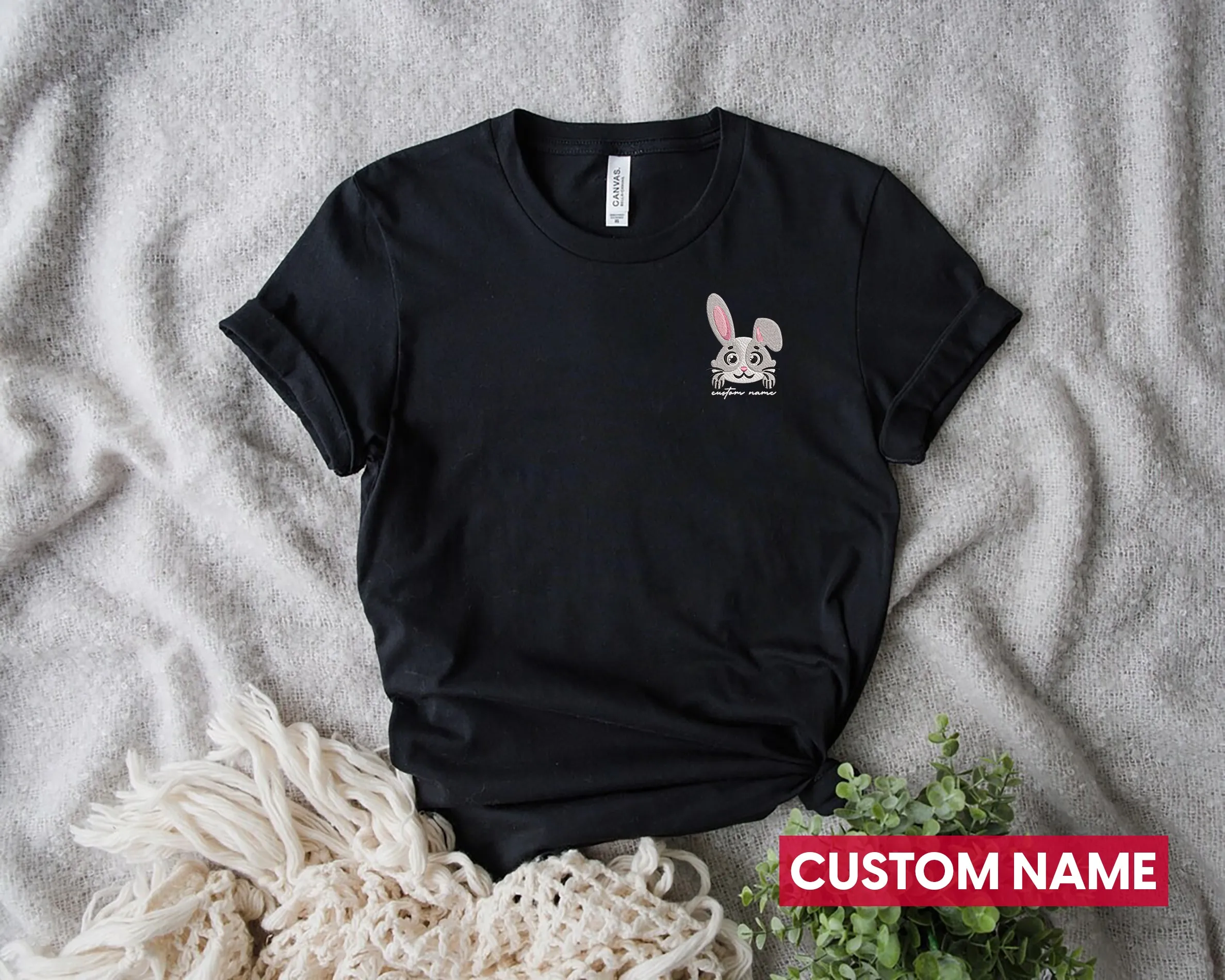 CustomName Easter Bunny Embroidered T-shirt, Faux Embroidered Daisy’s Shirt, Flowers Spring Easter Shirt