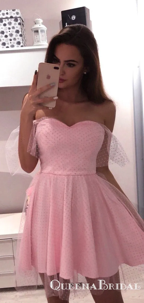 Cute A-Line Off the Shoulder Pink Tulle Short Homecoming Dresses, QB0863