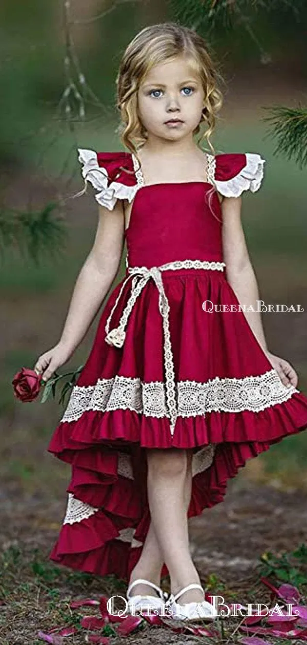 Cute Square Neck Red Satin High-low Long Cheap Flower Girl Dresses, FGS0006