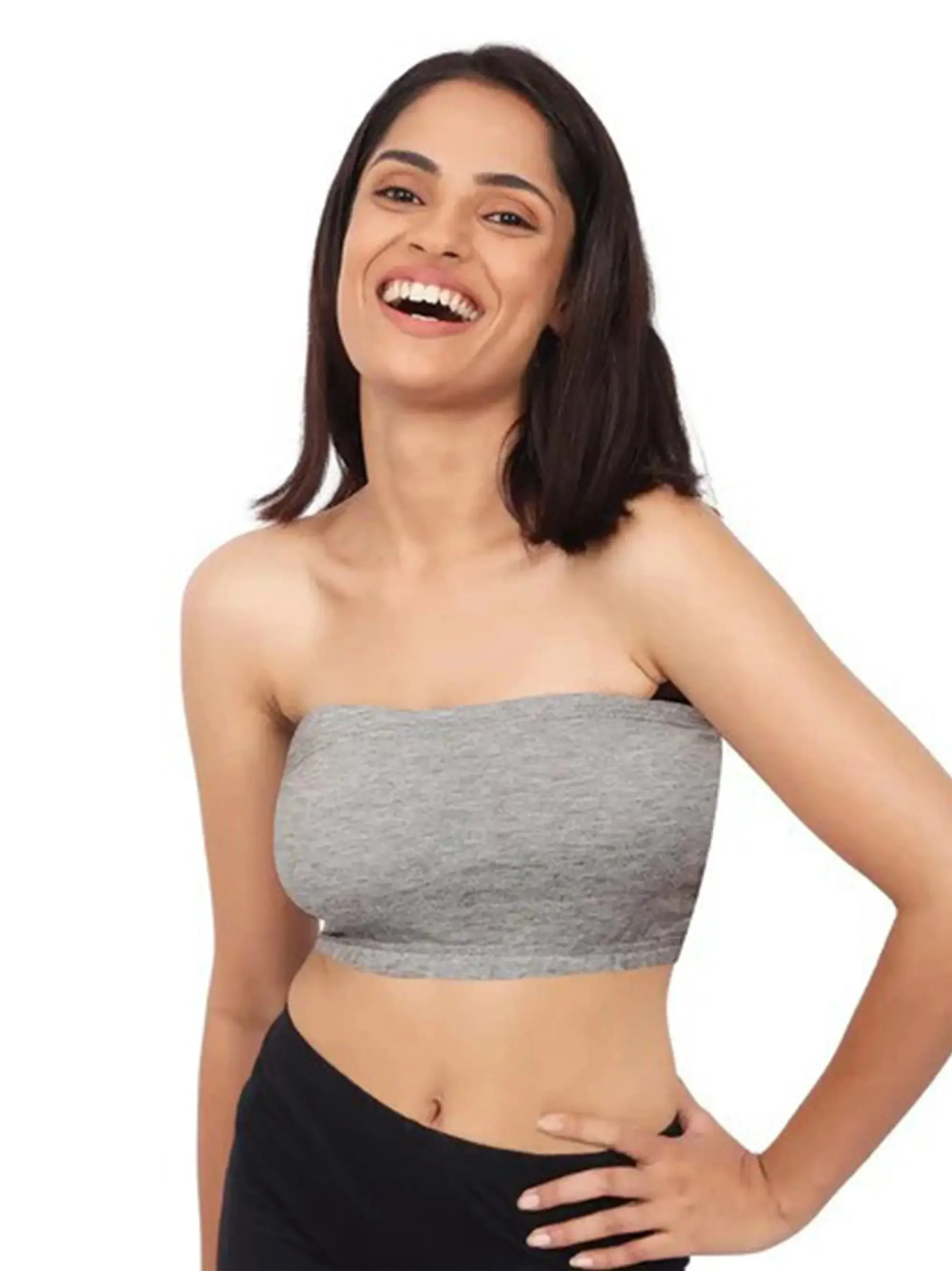 Double-Layer Cotton Strapless Bra | Non-Padded Bandeau Bra | Solid Grey