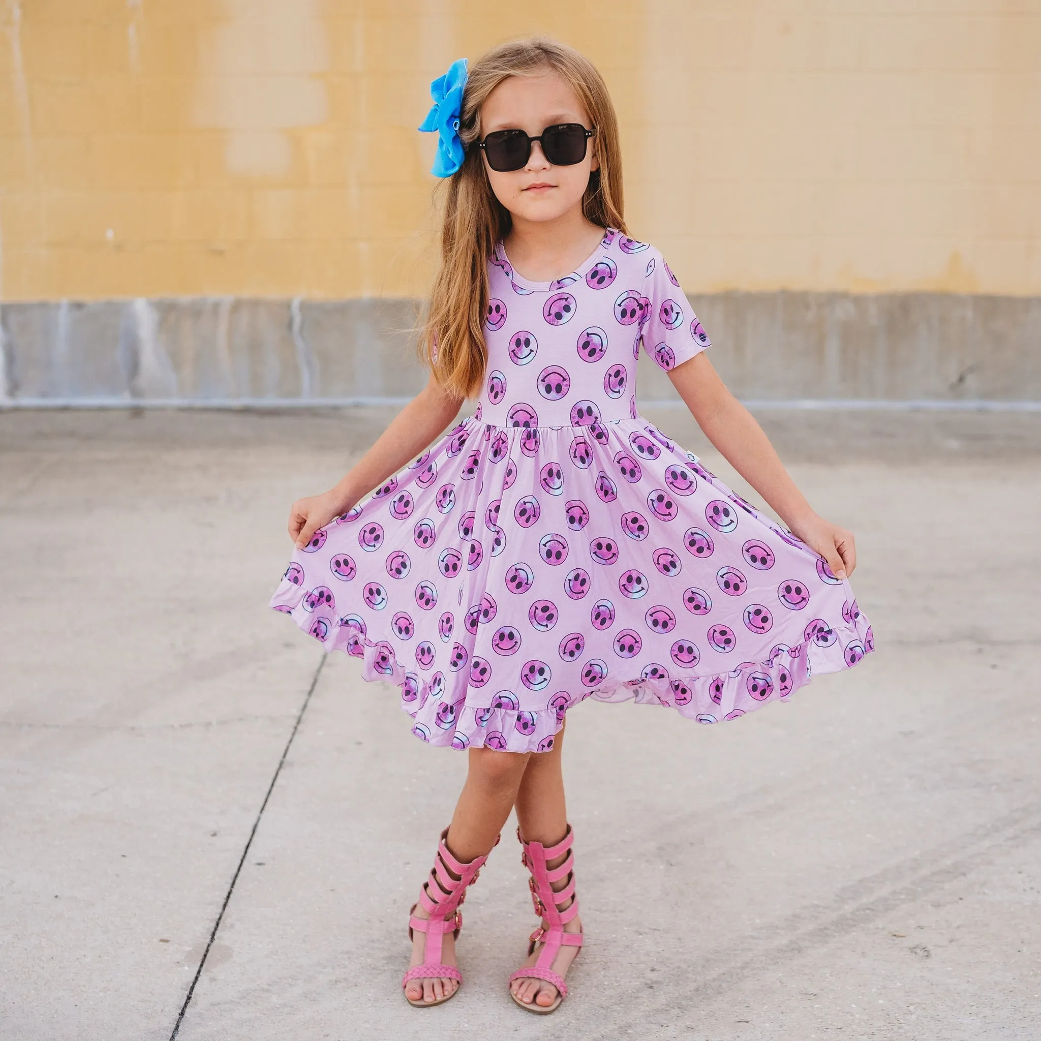 Dream Big Little Co Pink Tie Dye Smiley Dream Ruffle Dress