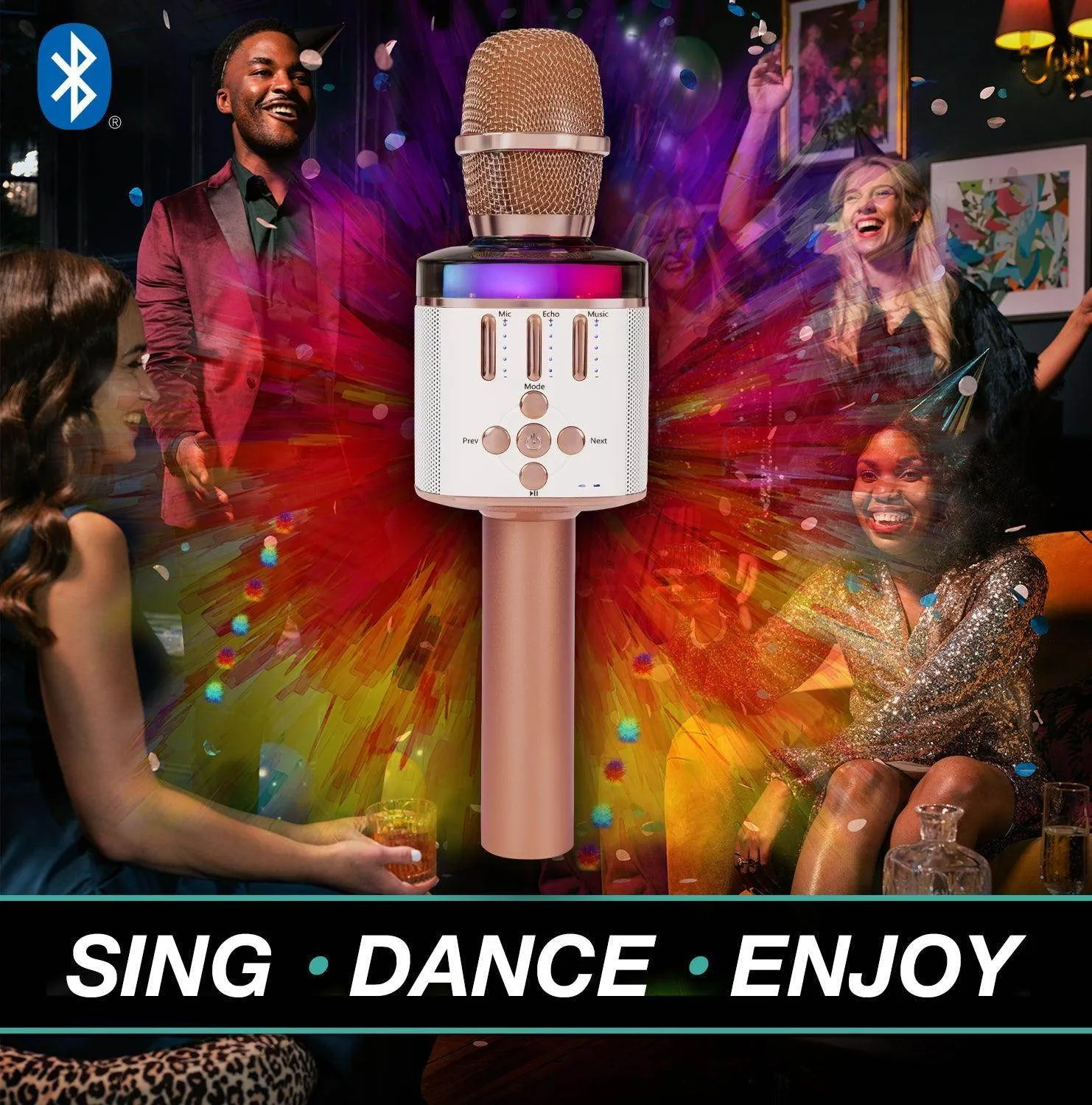 Easy Karaoke Bluetooth® Wireless Microphone with Speaker and Lights ~ Rose Gold
