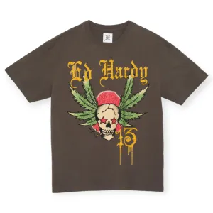 Ed Hardy Men Limited Edition Rhinestone Weed Skull Tee (Charcoal)