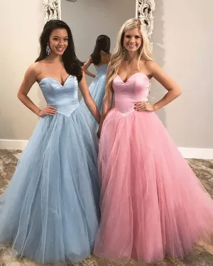 Elegant 2019 Pink Tulle Prom Dresses Pearls Sweetheart Long Prom Gowns for Party