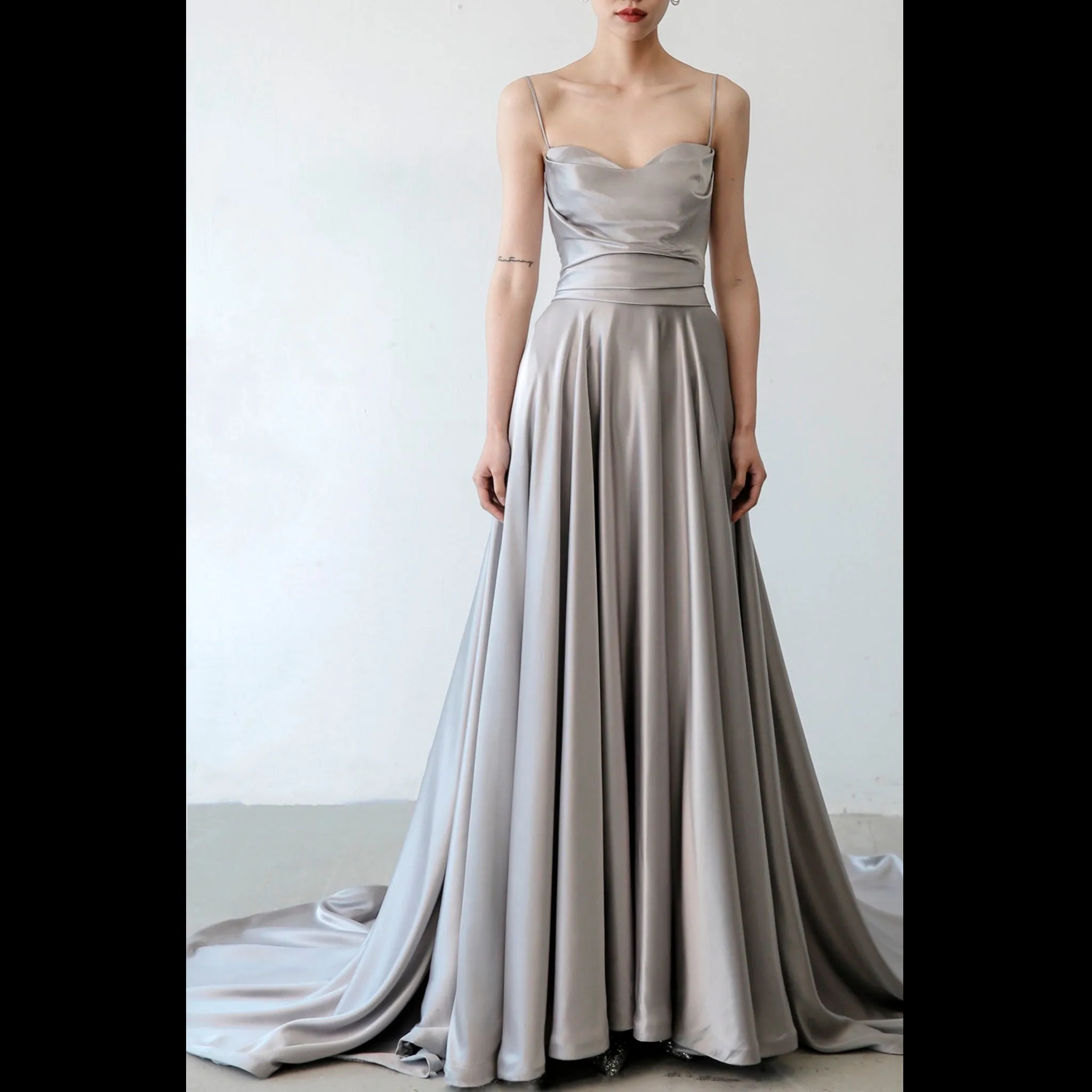 Elegant Crepe Satin Prom Party Dresses Evening Gowns with Pocket