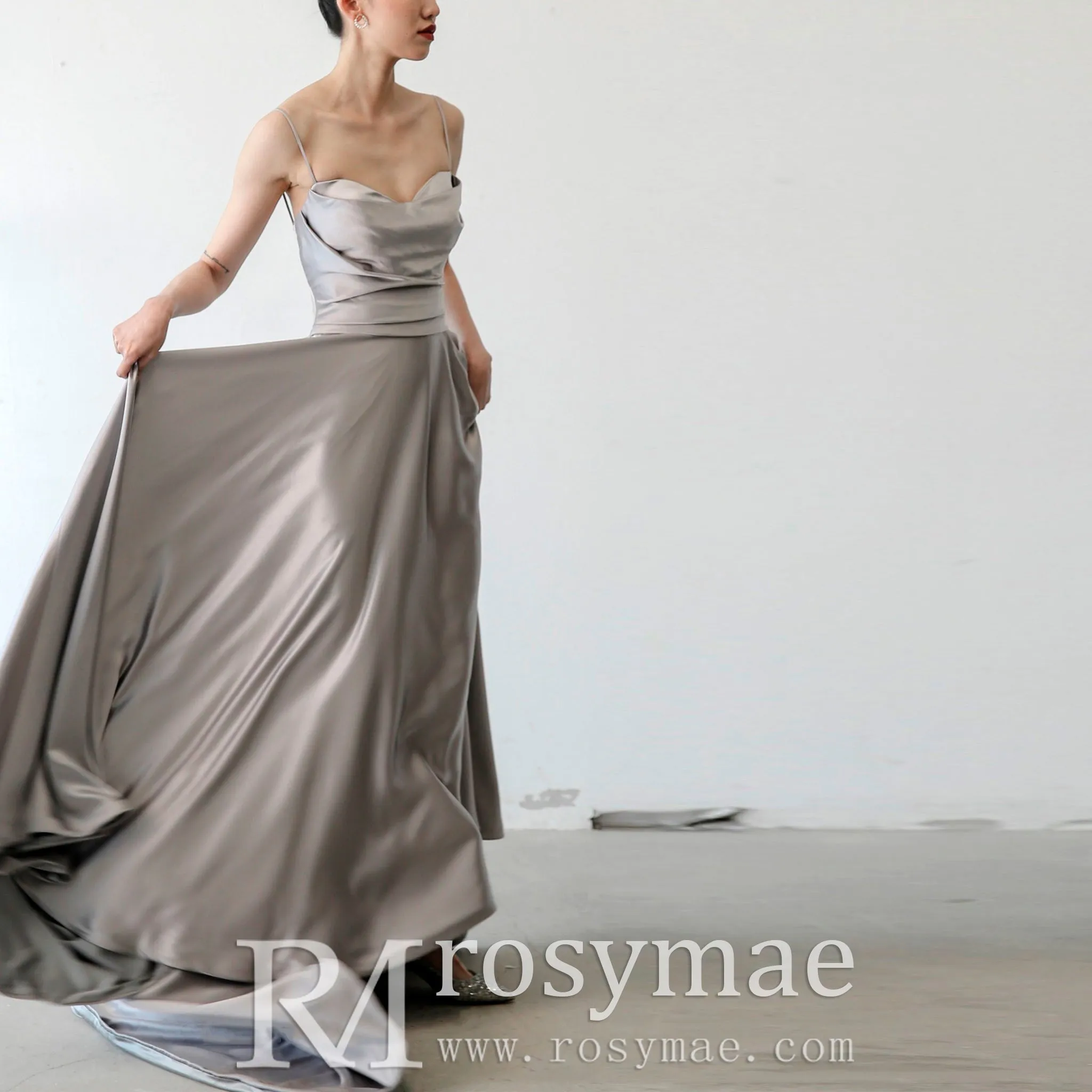 Elegant Crepe Satin Prom Party Dresses Evening Gowns with Pocket
