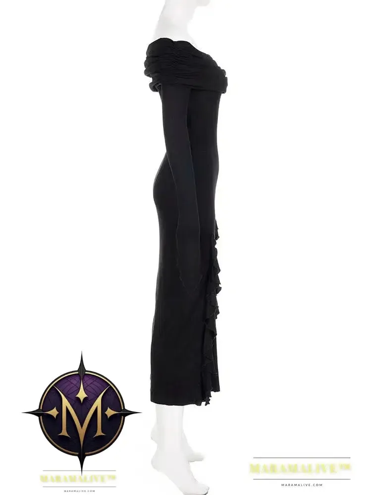 Elegant Fashion Dark Ruffles Split Long Dress Gothic Slash Neck Long Sleeve Maxi Dresses For Women 2023 Holiday Beach