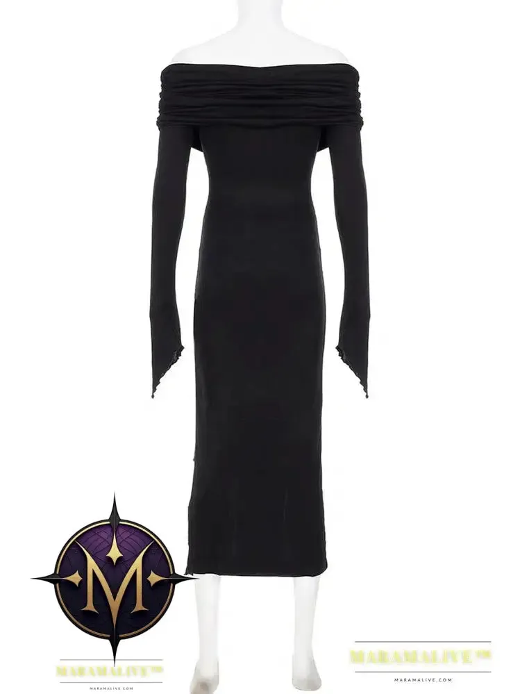Elegant Fashion Dark Ruffles Split Long Dress Gothic Slash Neck Long Sleeve Maxi Dresses For Women 2023 Holiday Beach