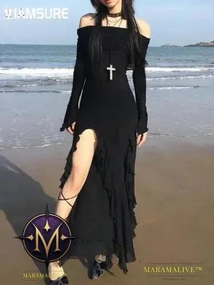 Elegant Fashion Dark Ruffles Split Long Dress Gothic Slash Neck Long Sleeve Maxi Dresses For Women 2023 Holiday Beach