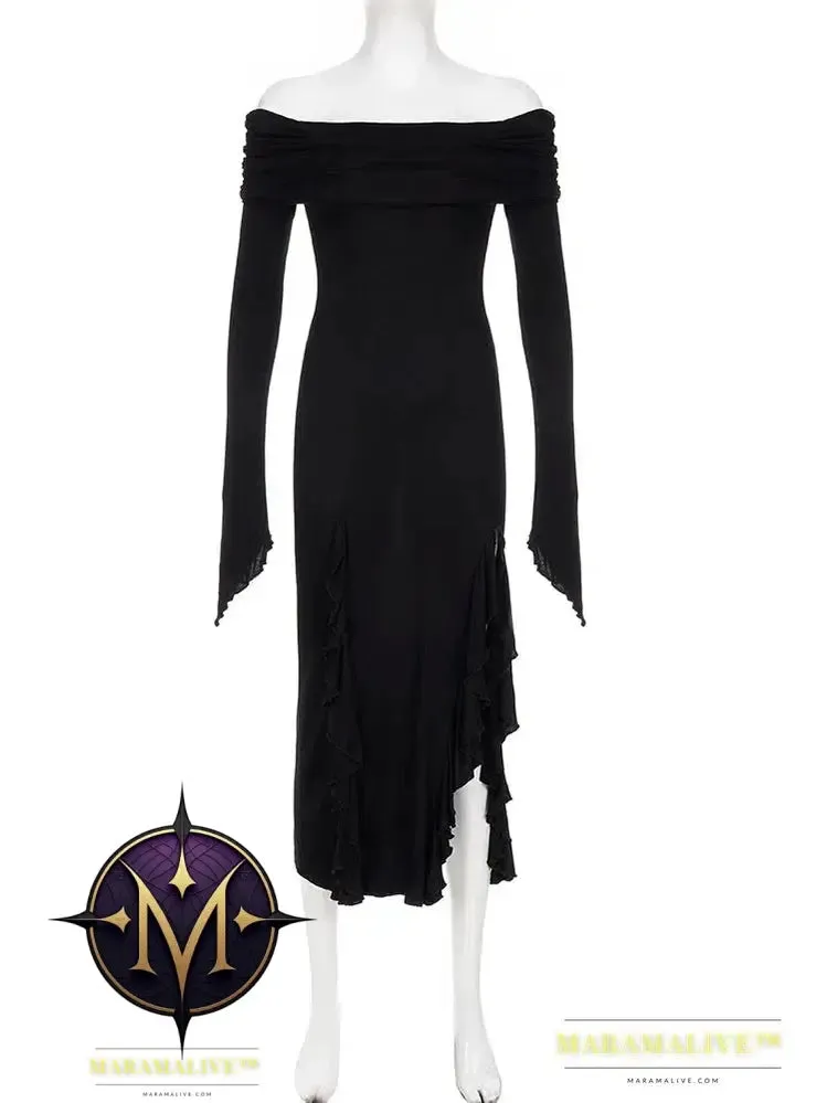 Elegant Fashion Dark Ruffles Split Long Dress Gothic Slash Neck Long Sleeve Maxi Dresses For Women 2023 Holiday Beach