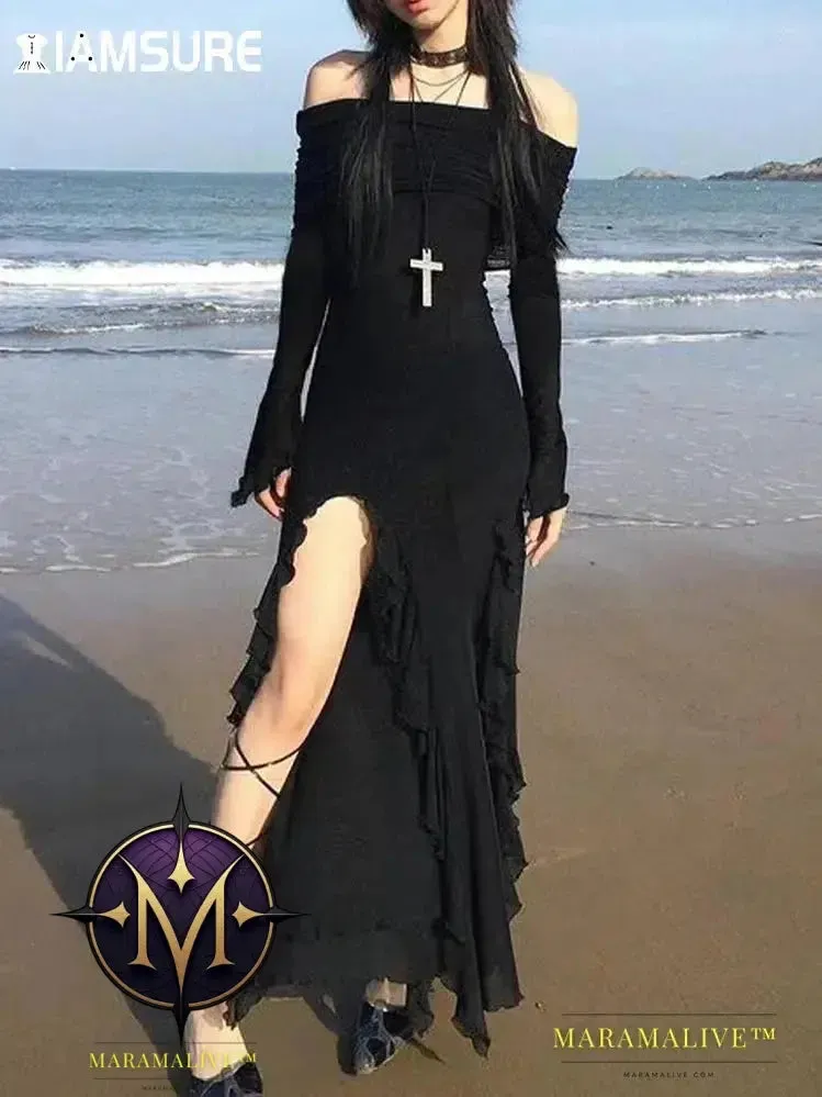 Elegant Fashion Dark Ruffles Split Long Dress Gothic Slash Neck Long Sleeve Maxi Dresses For Women 2023 Holiday Beach