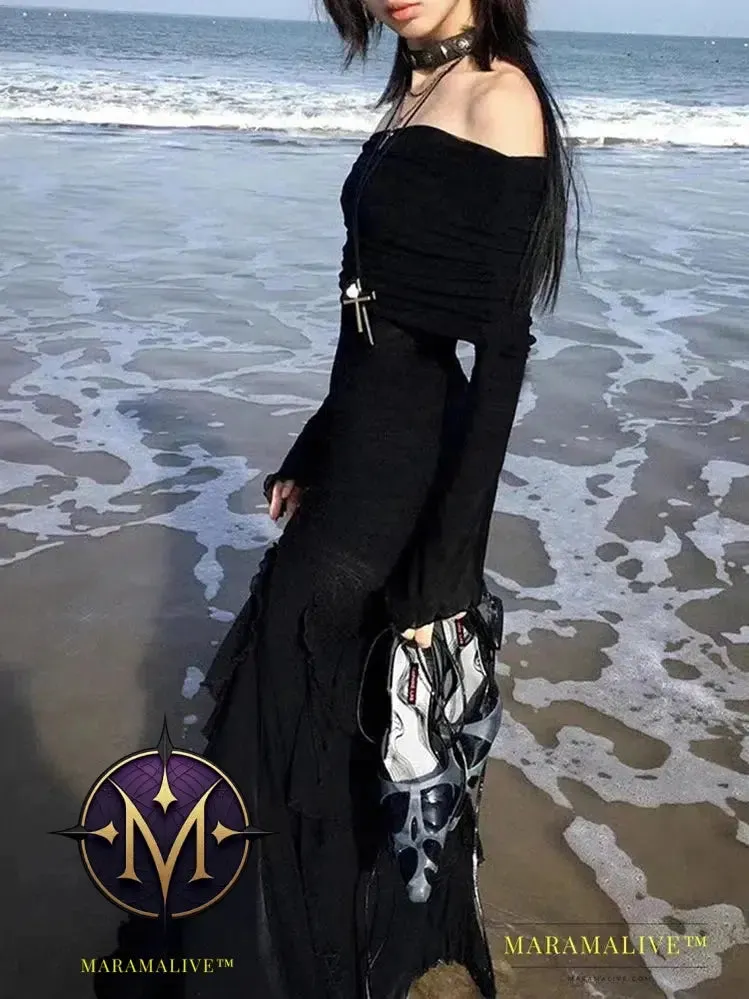 Elegant Fashion Dark Ruffles Split Long Dress Gothic Slash Neck Long Sleeve Maxi Dresses For Women 2023 Holiday Beach