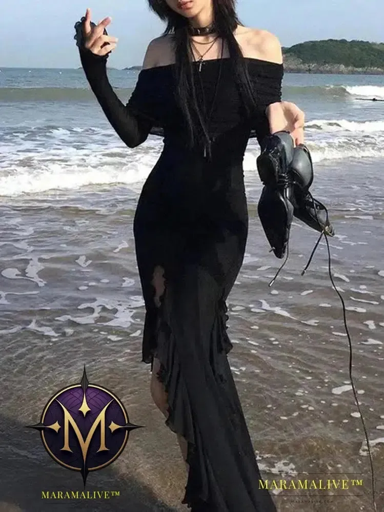 Elegant Fashion Dark Ruffles Split Long Dress Gothic Slash Neck Long Sleeve Maxi Dresses For Women 2023 Holiday Beach