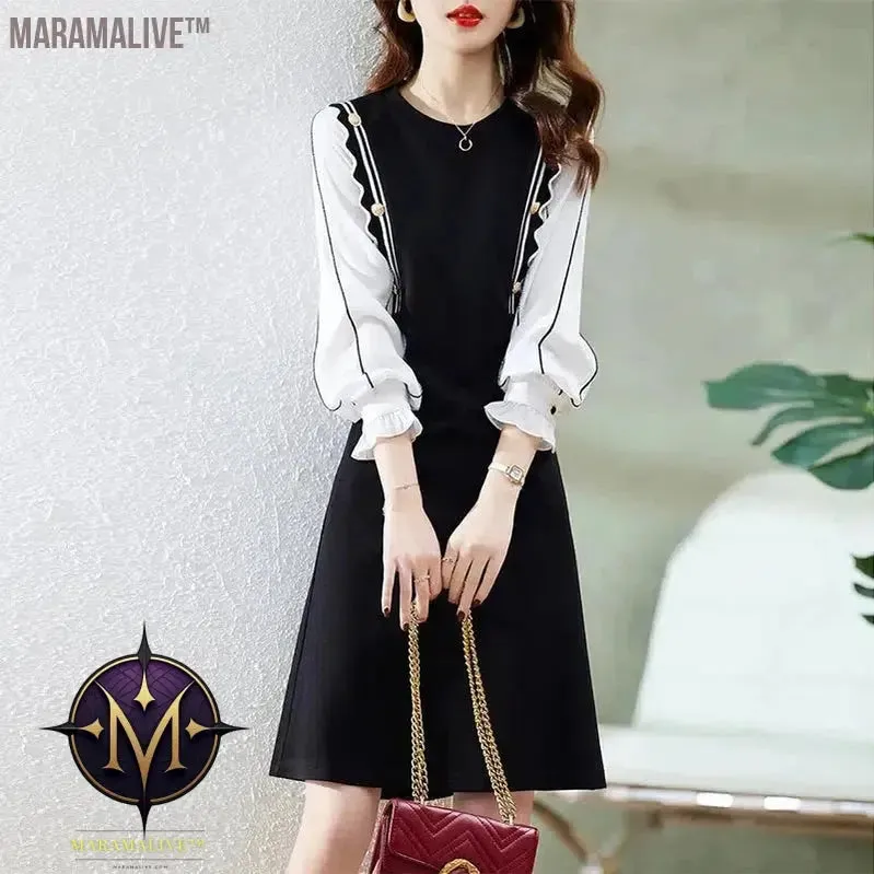 Elegant Fashion Fake Two Piece Button Dress Women Long Sleeve Patchwork Midi Dresses Ladies Slim Casual Vestido Robe