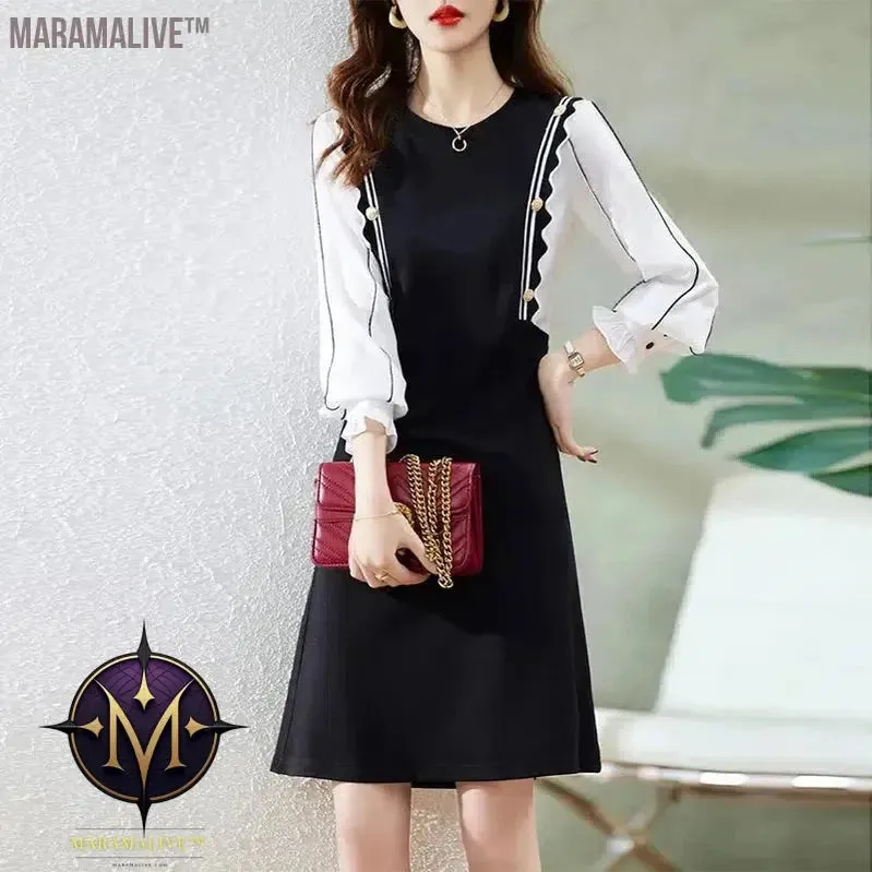 Elegant Fashion Fake Two Piece Button Dress Women Long Sleeve Patchwork Midi Dresses Ladies Slim Casual Vestido Robe