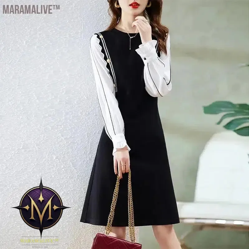 Elegant Fashion Fake Two Piece Button Dress Women Long Sleeve Patchwork Midi Dresses Ladies Slim Casual Vestido Robe