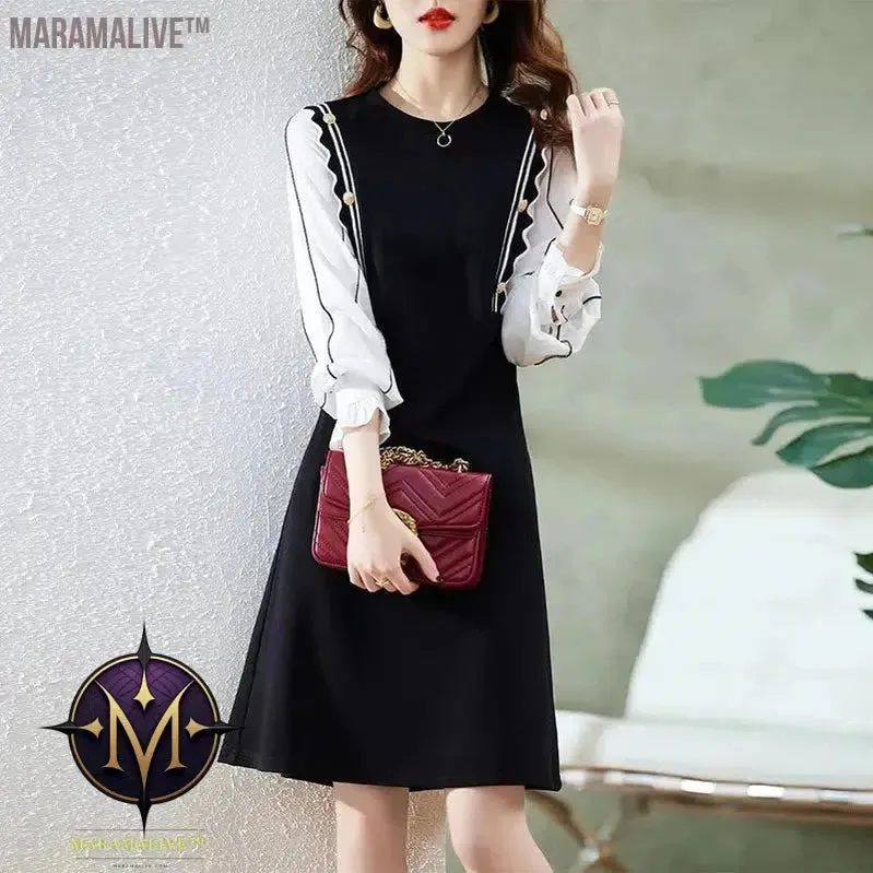 Elegant Fashion Fake Two Piece Button Dress Women Long Sleeve Patchwork Midi Dresses Ladies Slim Casual Vestido Robe