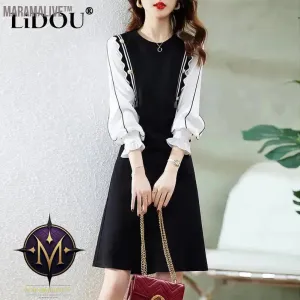 Elegant Fashion Fake Two Piece Button Dress Women Long Sleeve Patchwork Midi Dresses Ladies Slim Casual Vestido Robe