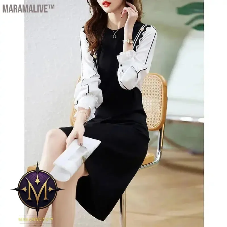 Elegant Fashion Fake Two Piece Button Dress Women Long Sleeve Patchwork Midi Dresses Ladies Slim Casual Vestido Robe