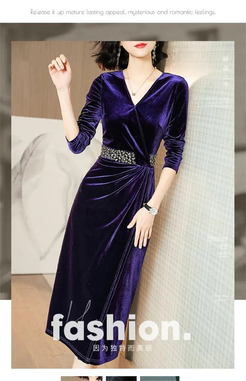 Elegant Gold Velvet Midi Dresses