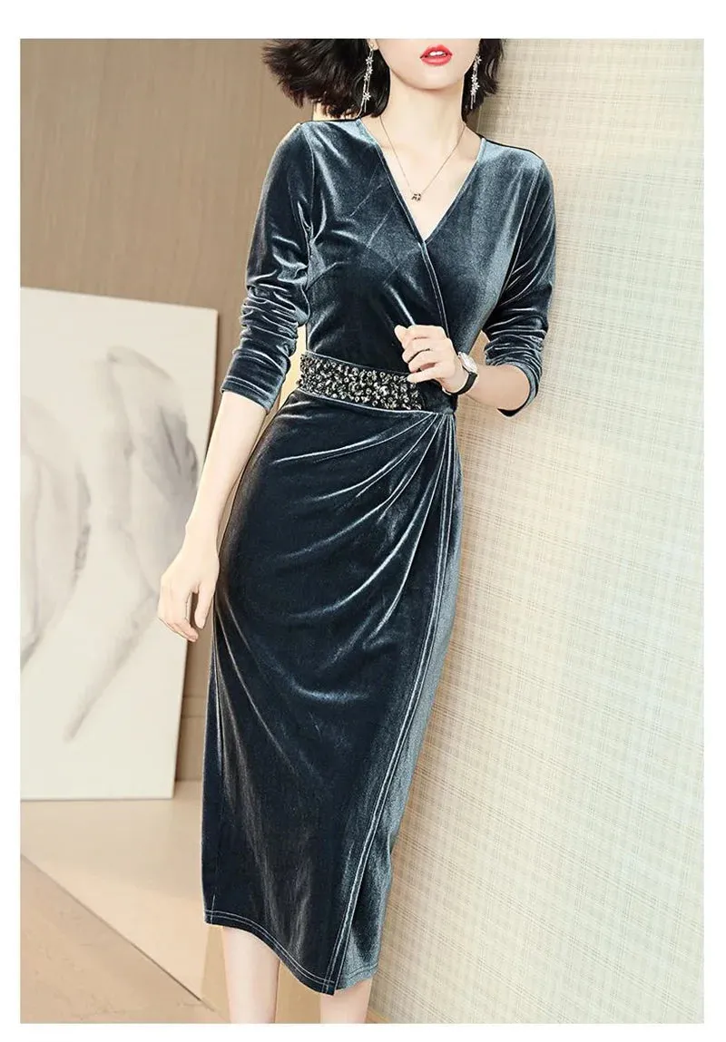 Elegant Gold Velvet Midi Dresses