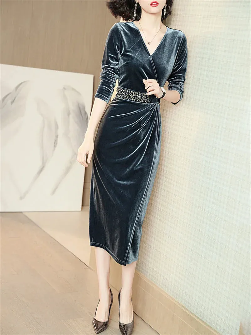 Elegant Gold Velvet Midi Dresses