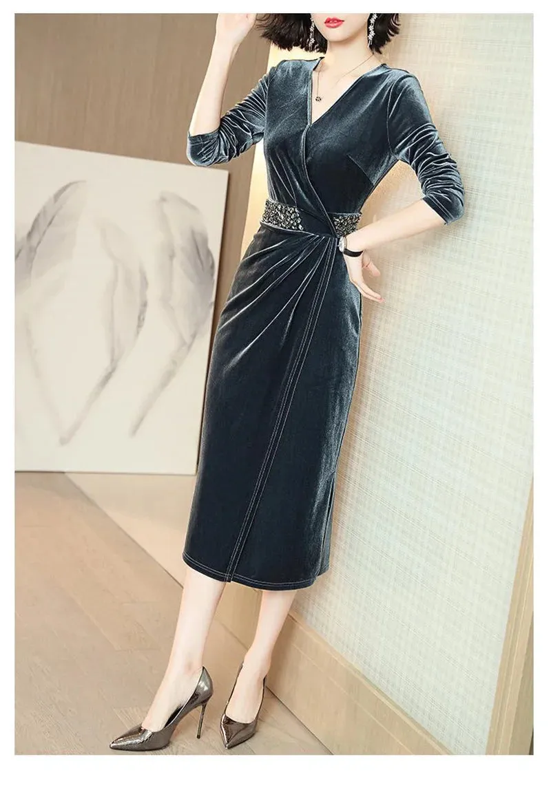 Elegant Gold Velvet Midi Dresses