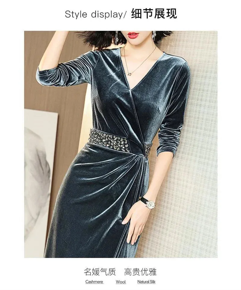 Elegant Gold Velvet Midi Dresses
