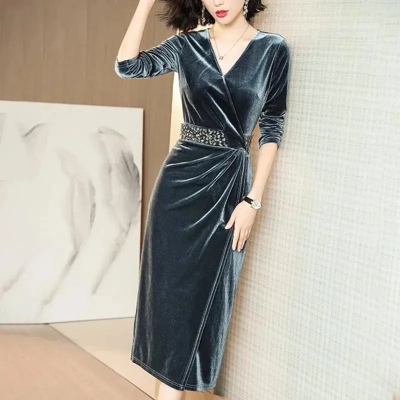 Elegant Gold Velvet Midi Dresses
