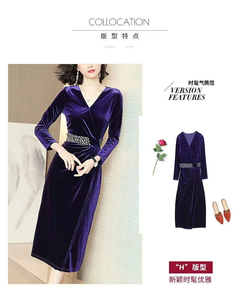 Elegant Gold Velvet Midi Dresses