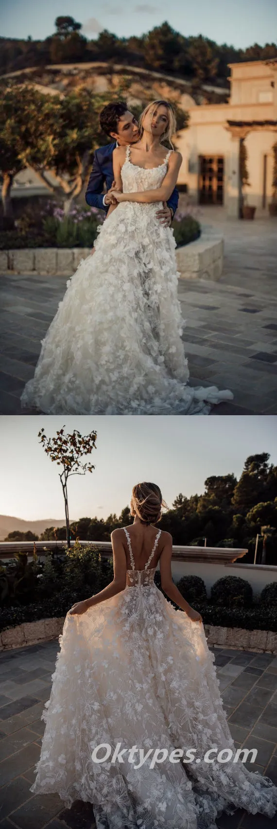 Elegant Lace Spaghetti Straps Sleeveless A-Line Long Wedding Dresses With Applique,WDS0132