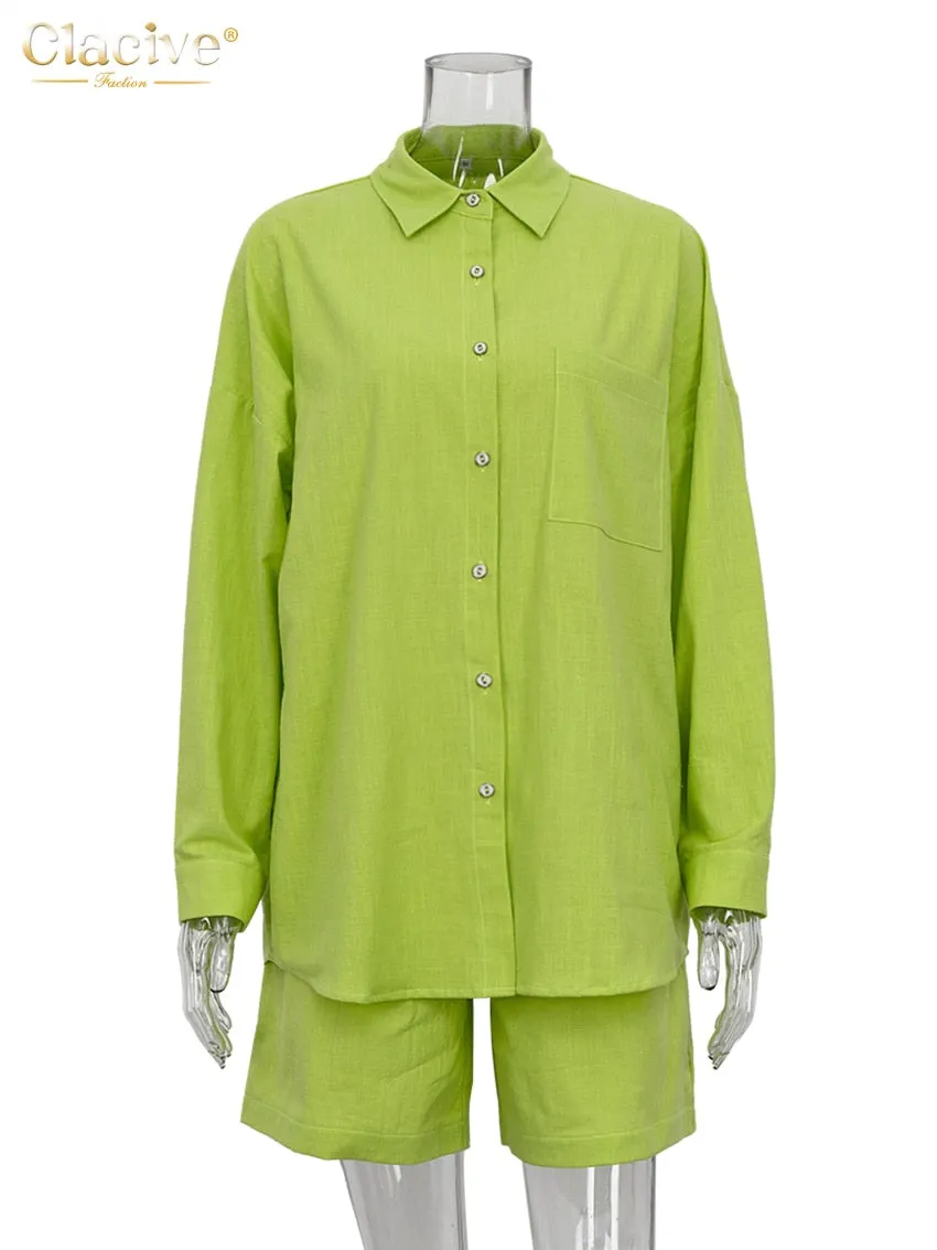 Elegant Loose High Waist Shorts Set Long Sleeve Blouse 2-Piece Suit
