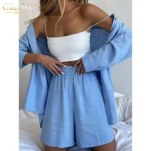 Elegant Loose High Waist Shorts Set Long Sleeve Blouse 2-Piece Suit