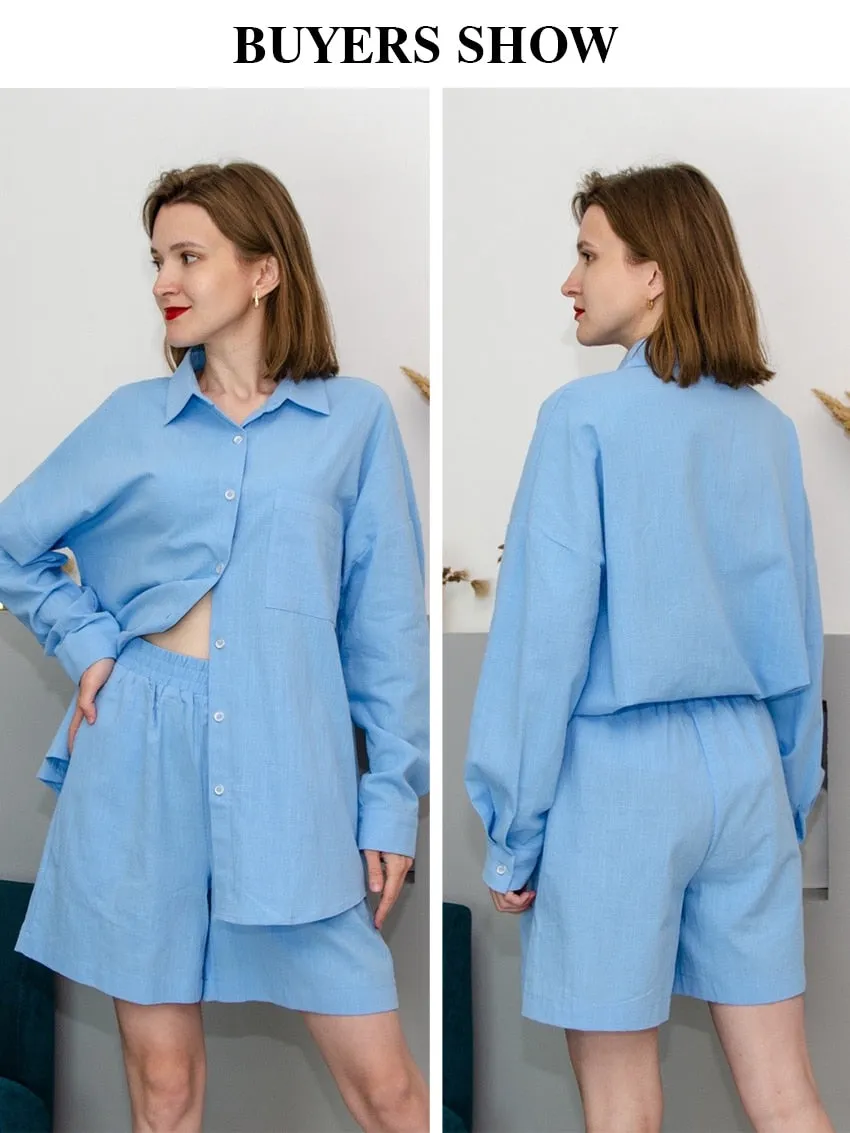 Elegant Loose High Waist Shorts Set Long Sleeve Blouse 2-Piece Suit