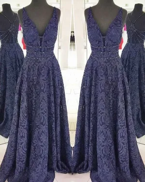 Elegant Navy Blue Evening Gowns Beaded Deep V-Neckline Lace Formal Dresses 2018