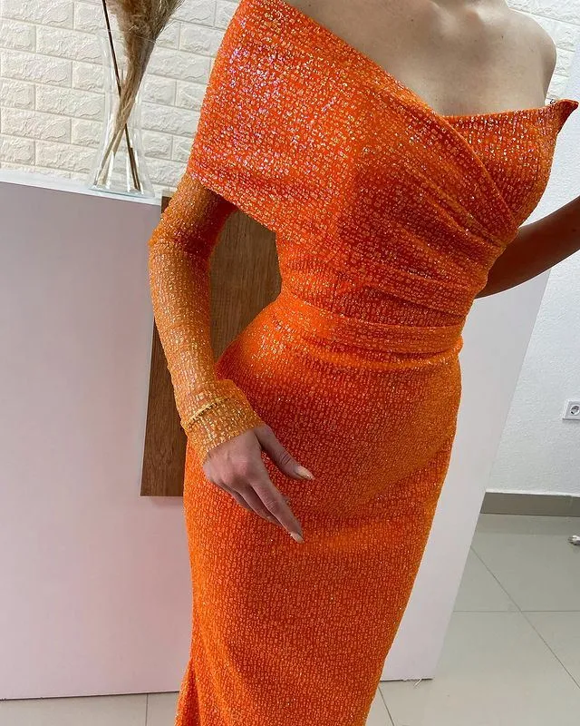 Elegant One-shoulder Mermaid Orange Simple Long Prom Dresses, PDS0270