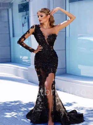 Elegant One shoulder Side slit Mermaid Prom Dresses,PDS0552