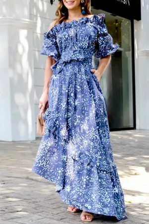 Elegant Print Pocket Off the Shoulder Irregular Dress Dresses